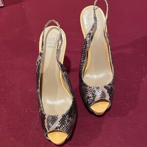 Sak’s Fifth Avenue 10M Yellow Brown Leather Snake Skin Stilleto Platform Shoes
